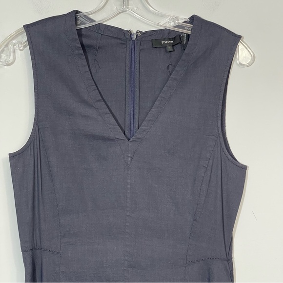 THEORY LINEN KALSINGTON FIT & FLARE DRESS 4 NAVY BLUE MIDI SLEEVELESS POCKETS - Picture 9 of 16